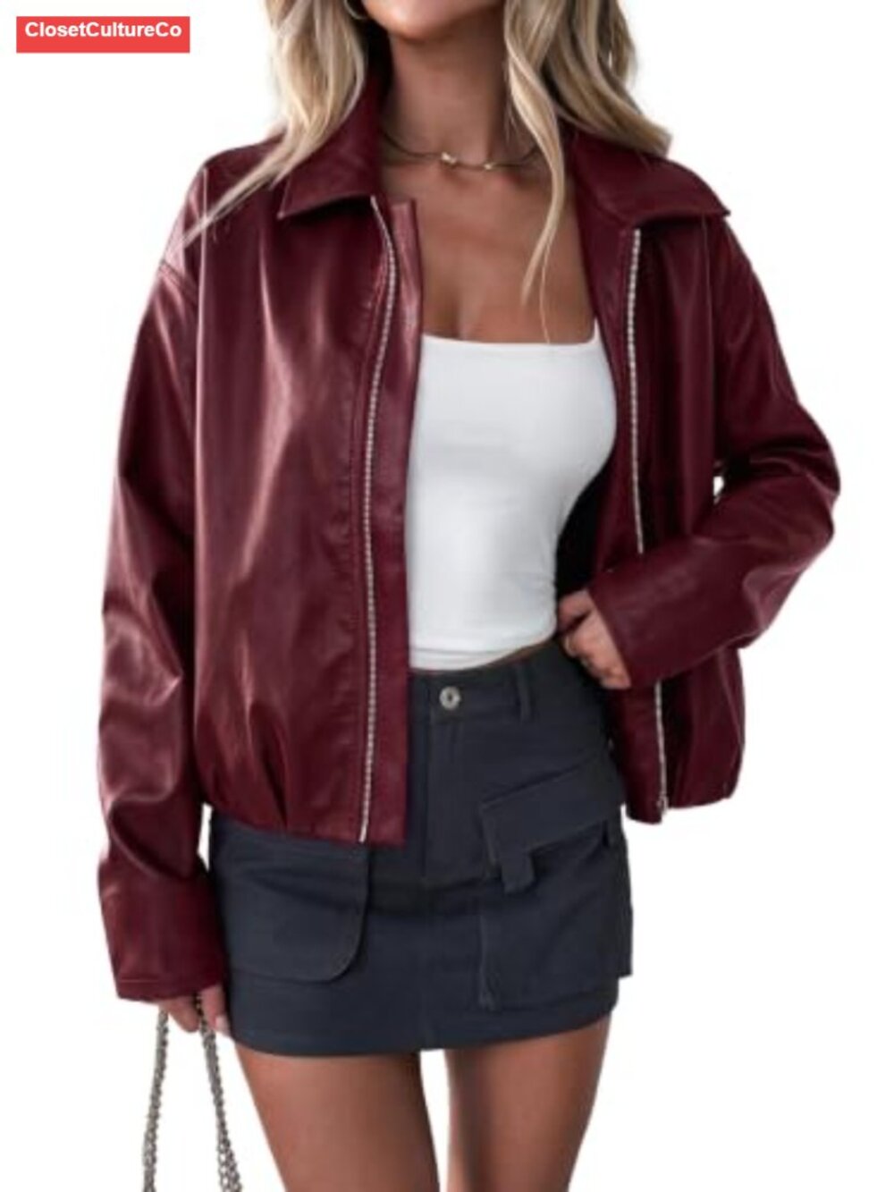 PRETTYGARDEN Faux Leather Motorcycle Jacket Cropped Aviator Coat